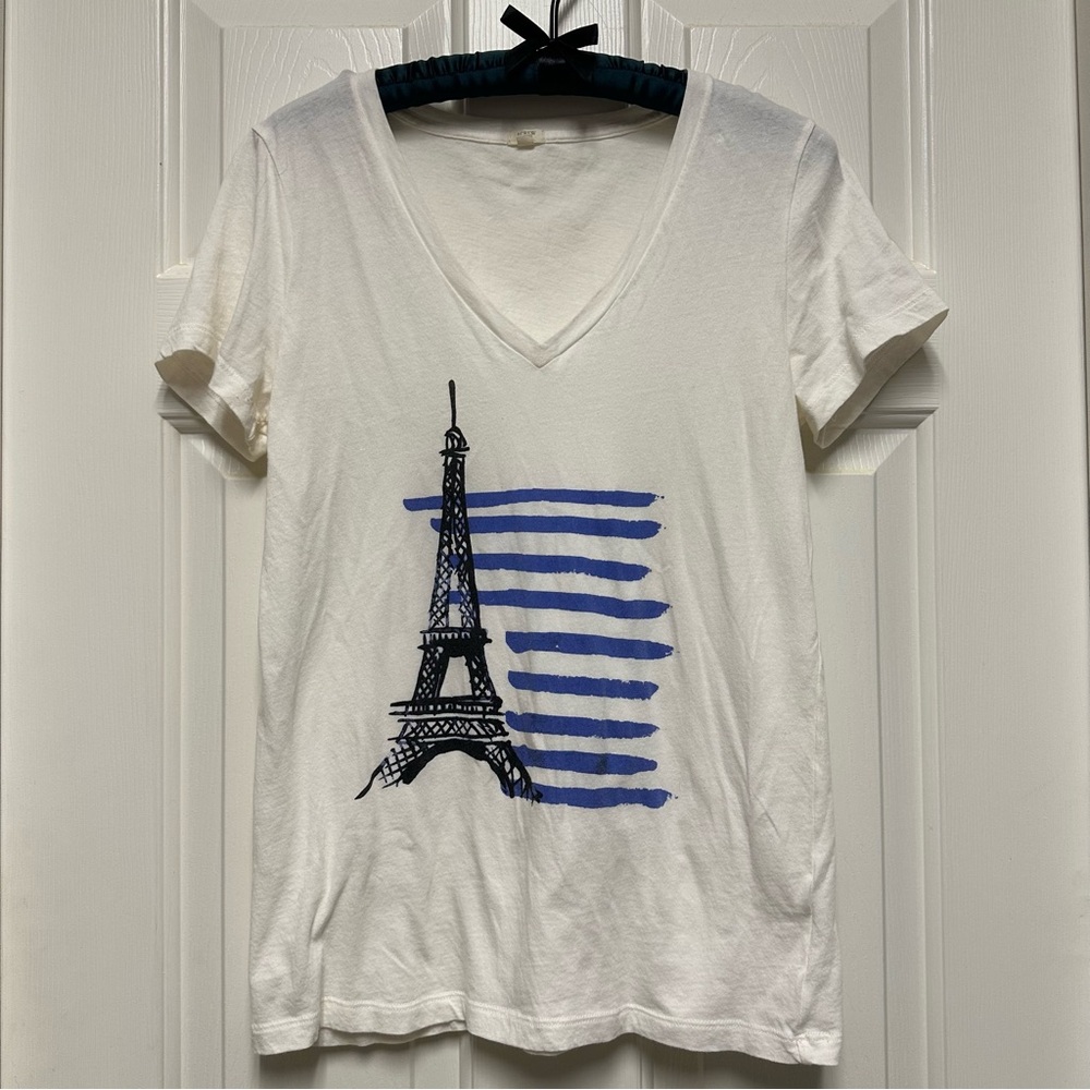 J. Crew Classic White V Neck Tee with Eiffel Tower Graphic Size M